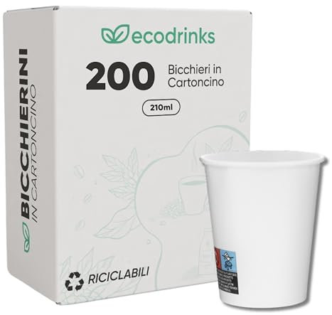 ecodrinks - 200 Bicchieri Carta Bianco da 210ml - Per Acqua, Cocktail, Bevande Calde e Fredde - Biodegradabili, Eco-friendly e Made in Italy