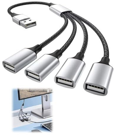 USB Splitter 4 In 1 Out 0.3m 5V 2A Split for Data Transfer 1 Male to 4 Female Extension Durable Nylon Braided Multiport Extender for Car PS4 PS5 Xbox Laptop & Charging Access