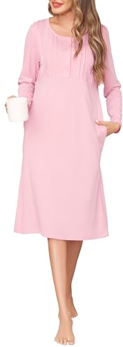 Wikoan Chemise de Nuit Femme Manches Longues en Coton Chemises de Nuit Longue avec Poches Robe Automne Hiver Confortable Vêtements de Nuit S-XXL