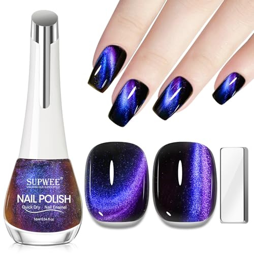 SUPWEE Magnet Nagellack Schnelltrocknend, Holographic Cat Eye Nagellack | Quick Dry Nail Polish mit Magnet Katzenauge Effekt Nail Polish für Mädchen Frauen Blau Lila 16ml