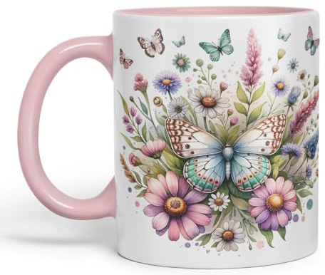 Vixar Butterflies and Wildflowers Coloured Mug Cup Floral Garden Nature Gift 11oz (Pink)