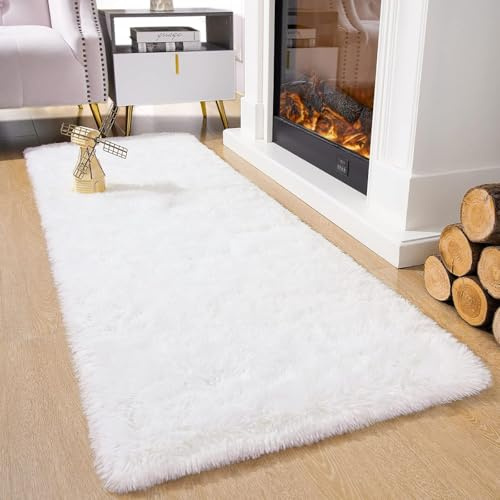 ANJIAJIE Hochflor Flauschig Teppich 50 x 200 cm Langflor Weich Soft Modernes Einfarbiges Design Lange Plüsch Weicher Teppiche für Schlafzimmer Küche Geeignet, Weiß