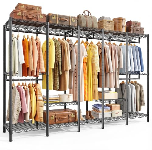 Cliporix Clothes Rail, 544KG Strong Heavy Duty Clothing Rail with Sturdy Hanging Rods & Adjustable Shelves, Metal Spacious Freestanding Open Wardrobes Closet for Dressing Room, Walk-in Closet (Black)