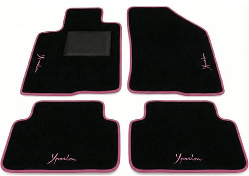 Tapis de voiture pour Lancia Ypsilon 2011-2025 | Kit complet 4 tapis de voiture brodés bord rose couture rose | moquette haute qualité | fond antidérapant | talonnette PVC | longue durée
