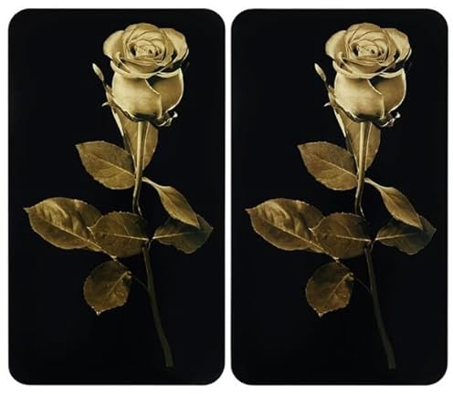 Maximex Herdabdeckplatte Universal Mod. Goldene Baccara Rose, höhenverstellbar für alle Herdarten, Schneidebrett und Spritzschutz, Glas, 30 x 52 cm, 2-teilig