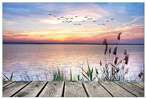 Wallario Küchenrückwand selbstklebend 90 x 60 cm, Motiv: Seepanorama mit Schilf und fliegenden Vögeln | Spritzschutz abwischbar & pflegeleicht