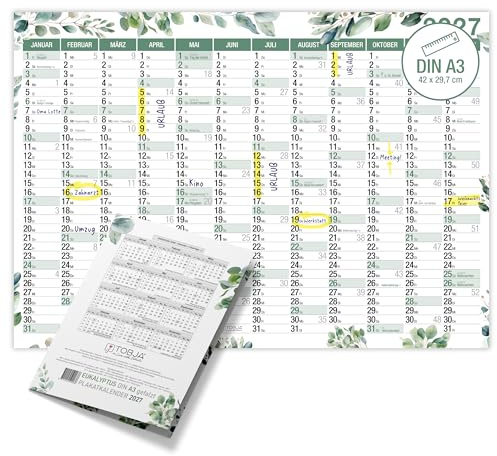 TOBJA® DIN A3 Wandkalender 2027 Eukalyptus Querformat – Jahresplaner mit KW, große Felder, FSC-Papier, Feiertage – Rückseite Jahresplanung | Wandplaner A3 Botanical