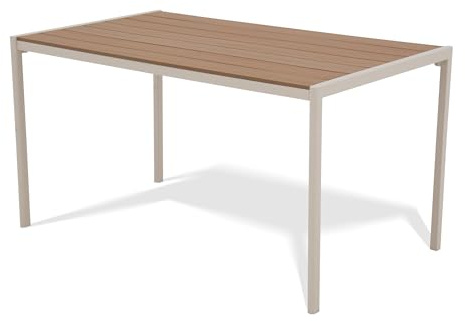 KHG Gartentisch beige, Esstisch Stahl-Gestell und Tischplatte Polywood | in Teak-Optik für 6 Personen, wetterfest UV-beständig, 83x75x140 cm, für Wohnraum und Alltag, praktisch für Zuhause