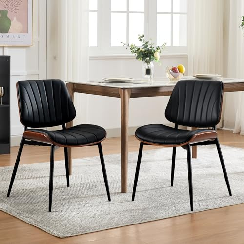Juego de 2 sillas de comedor con acolchado de poliuretano, patas de metal, patas ajustables | Respaldo curvado de madera de nogal para cocina y comedor, color negro