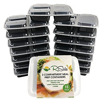 [15 Pack] 3 Compartment Meal Prep Food Containers, BPA Free & FDA Approved. Reusable & Recyclable Plastic Boxes with Lids by RSIDE