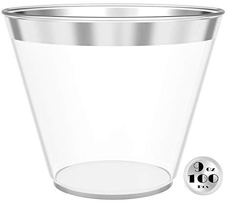 JL Prime 100 Bicchieri di Plastica Argento, 9 Oz Bicchieri di Plastica Trasparente Riutilizzabili con Bordo Argento, Bicchieri Vecchio Stile, Bicchieri di Plastica Dura per Feste e Matrimoni