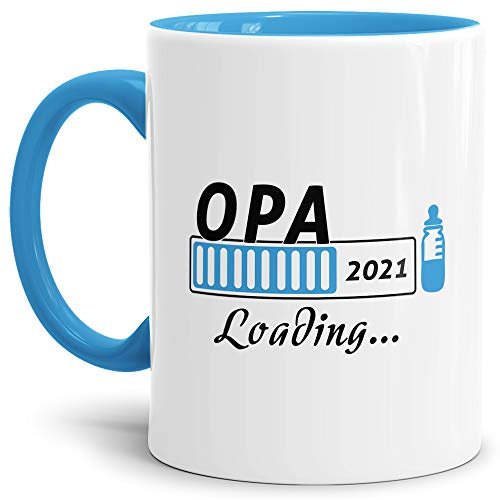 Geschenk-Tasse Du wirst Opa 2021 - Loading/Lade-balken/Schwangerschaft/Baby/Enkel/Nichte/Neffe/Enkelin/Innen & Henkel Hellblau