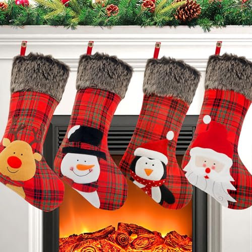 COOLWUFAN Christmas Stocking, 4 Pack 18 inch Xmas Stockings wiht Snowflake Santa Snowman Reindeer and Plush Faux Fur Cuff Family Pack Stockings for Xmas Holiday Family Party Decorations,Red