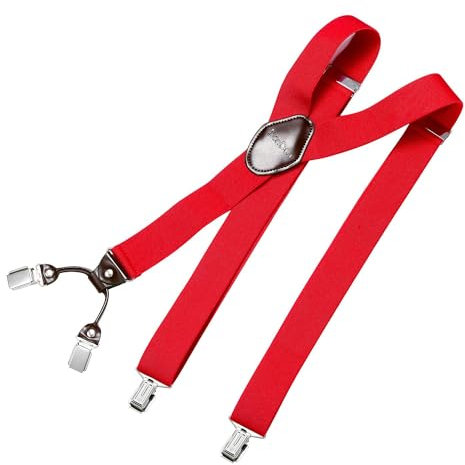 DonDon Hosenträger Herren extra stark rot 3,5 cm Hosenträger Herren breit mit brauem Leder in Y-Form lang - Starke Clips passend für Anzug Jeans Chinos Vintage Rockabilly Suspenders