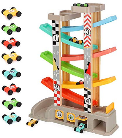 Veluoess Ramp Racer Toy with 8 Mini Cars and 3 Car Garage, Race Track Car Ramp Toy Includes Top Parking Lot Educational Toy for Kids 3+