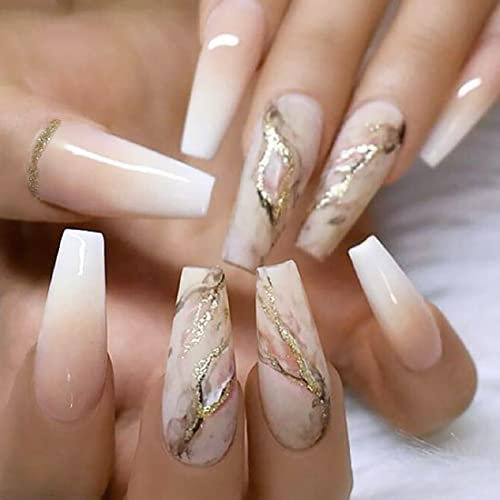 Prosy 24pcs Coffin French Ballerina Press on Nails Long Gradient Marble Crystal False Nail Acrylic Art Nails for Women