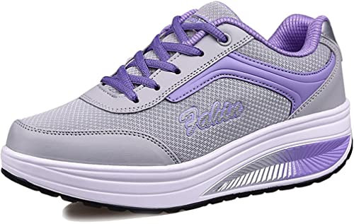 Solshine Mujer Malla con cordones elevados Plataforma con tacón de cuña Zapatillas para correr Zapatos deportivos, morado, 38 EU