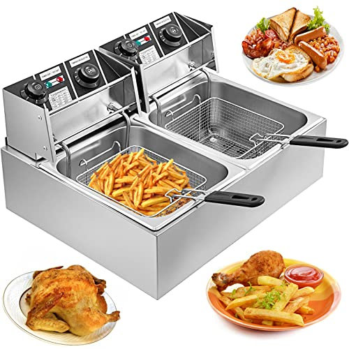 Electric Deep Fat Fryer Large,Stainless Steel Chip Pans with Basket and Lid, Commercial Chip Fryers with Dual Tank 12L 2500W x 2