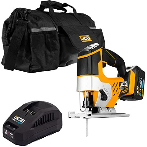 JCB 18V Cordless Jigsaw, 4.0Ah Battery, Fast Charger, Variable Speed & Adjustable Foot Plate, Tool-Free Blade Changing, Led Light & 4 Stage Pendulum, 20 Power Tool Kit Bag, 3 Year Warranty