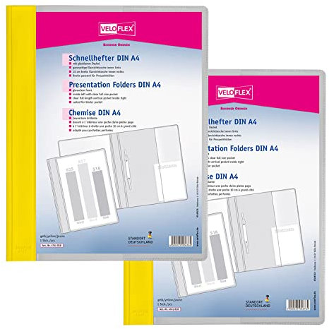 VELOFLEX A474101 - Schnellhefter VELOFORM, 2 Stück, DIN A4, gelb, PVC, glasklarer Vorderdeckel, passend für Prospekthüllen