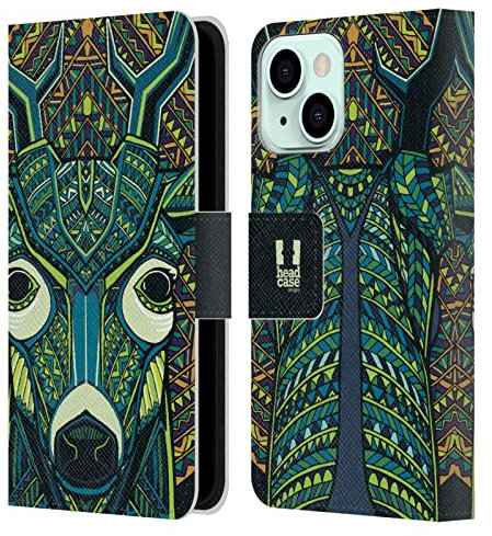 Head Case Designs Venado Caras Animales Aztecas 2 Carcasa de Cuero Tipo Libro Compatible con Apple iPhone 13 Mini