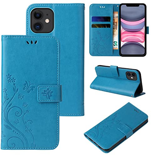 LBH Handy Hülle für Apple iPhone 11 Case Handytasche Schmetterling Blumen Flower Standfunktion Schutzhülle Magnet Rundum Schutz 360 Grad Flipcase Cover Blau