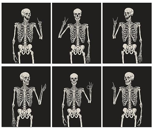Whaline 6 Stück Halloween-Skelett-Totenkopf-Wandkunstdrucke, schwarz-weiß, gruseliges Skelett-Papier, Kunstposter, ästhetische Wanddekoration für Halloween, Zuhause, Galerie, Wohnzimmer, Schlafzimmer,