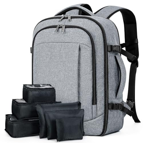 Lekespring Rucksack Handgepäck Flugzeug Ryanair Handgepäck 40x20x25 Reiserucksack Damen mit 6 Teilige Kleidertaschen-Packing Cubes für Kurze Tirp Business Weekender, Grau