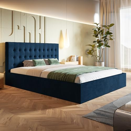 MOTIVENA Lili Polsterbett 140x200 Blau, Samt Mit Bettkasten und Stauraum, Lattenrost, Kopfteil, Ohne Matratze, Dunkelblau
