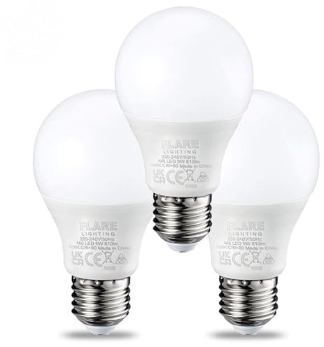 FLARE LIGHTING E27 Screw Bulb 60W Equivalent (3 Pack), LED Light Bulb Warm White 3000k, 9W Energy Saving and Super Bright, Quick to Full Brightness Level 810 Lumens