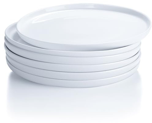 AntoKueh Ceramic Dinner Plates Set of 6, 10.3 Inch / 26cm Large Round White Salad Plates - Scratch, Chip Resistant & Lead-Free, Dishwasher & Microwave Safe for Steak, Dessert, Pasta