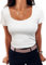 Aottori Camiseta Manga Corta Blanca Mujer Verano Básica Top Cuello Cuadrado Camisetas Blusas Elegante de Punto Elástico Sólido Ligero Casual Túnica T-Shirts Blanco S