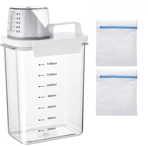 HJJMN 1800ML Multi-Purpose Washing Powder Storage, Fabric Softener Dispenser Container With Measuring Cup and 2 Laundry Mesh Bags, Airtight Detergent Dispenser for Scent Booster, Laundry Powder