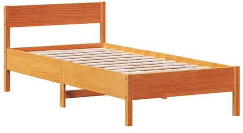 vidaXL Massivholzbett, Holzbett Bett mit Kopfteil, Bettgestell mit Lattenrost, Einzelbett Bettrahmen Schlafzimmerbett, Wachsbraun 90x200cm Massivholz Kiefer