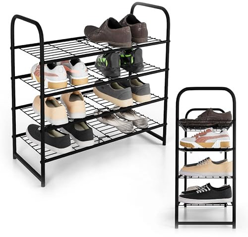 Lenmar, SHM 4, Schuhregal mit 4 Ebenen, Schuhschrank, Schuhaufbewahrung, Schuh-Organizer für 12-15 Paar, Metall, schmal, Ständer, schwarz, Schuhaufbewahrung, Wohnzimmer, Schlafzimmer