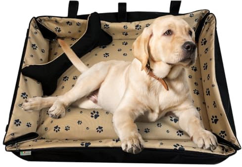 FORTISLINE Hundebett Oksana Gr XL -luxuriöses Hundebett mit abnehmbarem Bezug, zusammenrollbar, ideal für große Hunde -elegant und komfortabel (Pfoten Beige/Schwarz)