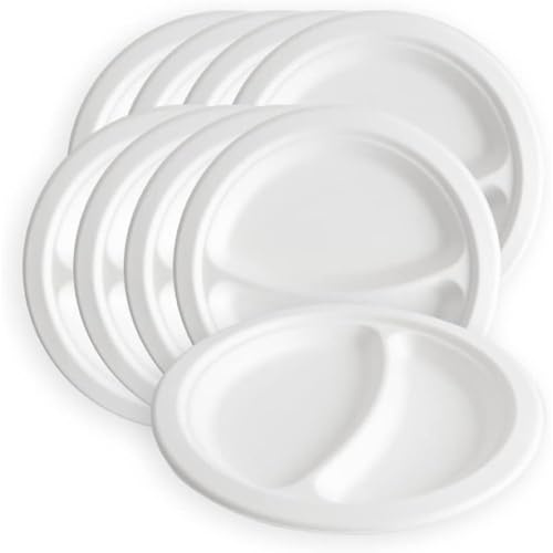Generico 50/150/2500/500 Piatti piani usa e getta due scomparti da 22.5cm bagassa BIOCOMPOSTABILI canna da zucchero campeggio, picnic, feste, barbecue, compleanni (50 pezzi)