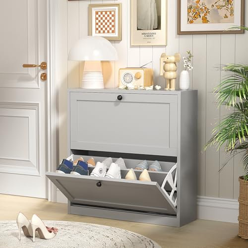 VOWNER Schuhschrank mit 2 Klappen, Schuhregal Schuhkipper Schmal, mit 4 Fächern, Verstellbar, Anti-Kipp-Vorrichtung für Eingangsbereich, Flur, 80 x 24 x 80 cm (Grau)