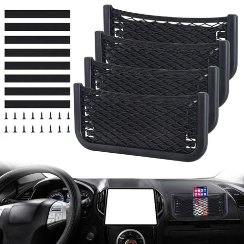 Omtofo 3 in 1 Auto Aufbewahrungsnetz, 4 Stück Selbstklebendes Netztasche Auto, Elastisch Ablagenetz mit Gummiband und Schraube, Kofferraum Netztasche Gepäcknetz 26 x 12cm für Wohnmobil, Boote, Zuhause