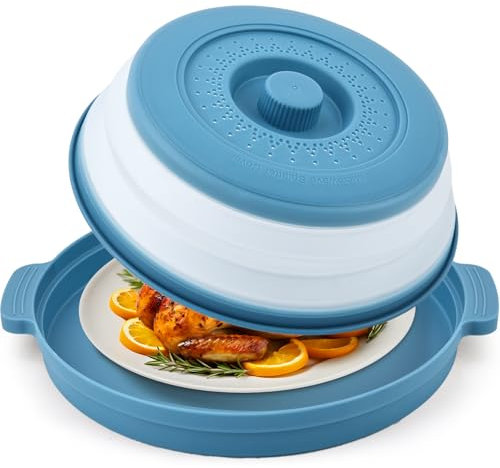 Cubierta de salpicaduras de alimentos para microondas y alfombrilla base, tapa protectora plegable ventilada de plástico y silicona, soporte para platos y colador de cocina para preparación de comidas