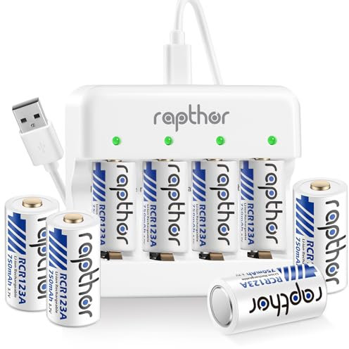 Rapthor 3.7V 8 Batterien und Ladegerät, 750mAh wiederaufladbare Batterie kompatibel mit Arlo Wireless Security Kameras VMC3030 VMK3200 VMS3330 3530, Taschenlampe Polaroid Mikrofon Ersatz 123 Batterien