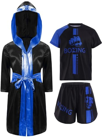 Oyolan Enfant Garçon Short de Boxe et T-shirt Peignoir Robe de Boxe à Capuche Ensemble Combat Muay Thai MMA Kick Boxing A Bleu 5-6 ans