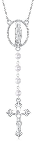 YAFEINI Rosenkranz Kette Damen Sterling Silber Italienische feste Perle Kette Kreuz & Rosen kranz Jungfrau Maria Anhänger Y Halskette Catolico Schmuck Geschenke für Damen