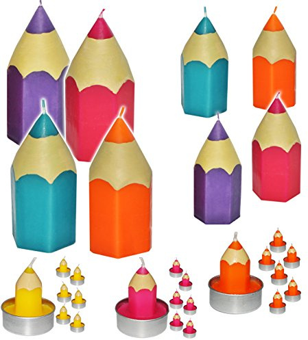 alles-meine.de GmbH 4 Stück große Kerzen - Bunte Stifte - bunter Farbmix - 15 cm hoch - Tischkerzen - Tischdeko/Geburtstagskerzen/Schuleinführung - Stift - Schulanfänge..
