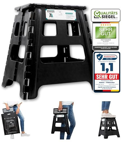 VERGLEICHSSIEGER - Alason® Tritthocker Klappbar 32cm, Belastbar bis 165kg – Mit Aufhängehaken & Aufbewahrungstasche – Platzsparender, Faltbarer Hocker in Anthrazit/Schwarz für Zuhause, Küche & Bad