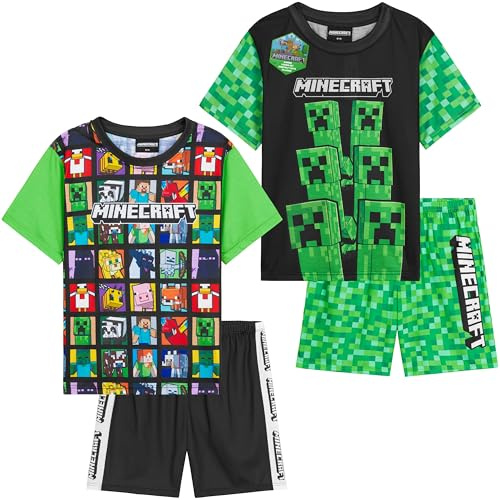 Minecraft Boys Pyjama Sets, 1 or 2 Pack, Half-Sleeve Crew Neck T-shirt & Short Pj Bottoms, Soft Loungewear, Gaming Boys Gifts