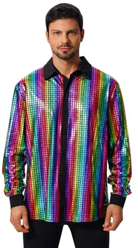 FYMNSI Herren Pailletten Langarm Hemd 70er Disco Party Kost�m Slim Fit Button Down Metallic Gl�nzend Kleid Shirts Nachtclub Top Freizeithemd 80er Jahre Outfit Karneval Fasching Oberteil Bunt 2XL