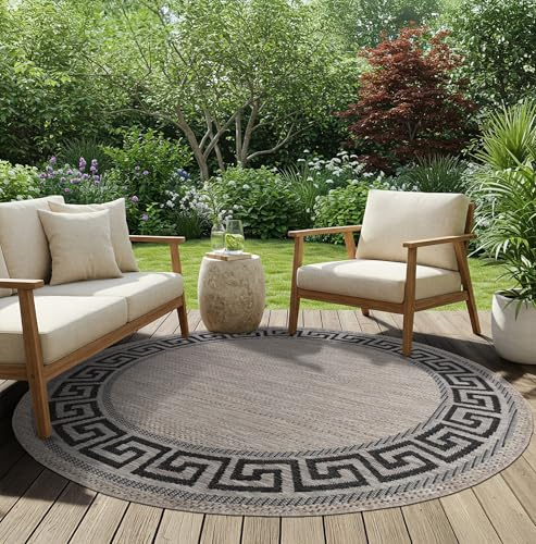 TAPISO Melissa Rund Teppich Outdoor Braun Schwarz Griechisch 200 x 200 cm | UV-Resistent strapazierfähiger Teppich mit Sisaloptik für Küche Flur Wohnzimmer Balkon Terrasse Modern OEKO-TEX