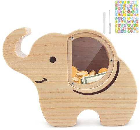 wooshwa Spardose Kinder, Sparschwein Spardosen Sparbüchse für Kinder Sparziel mit Marker & Aufkleber Personalisiert Holz Wiederverwendbare für Mädchen Jungen Kinder - Elefanten