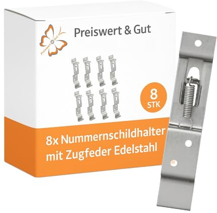 8X Nummernschildhalter Auto mit Zugfeder Edelstahl – 124x24x17 mm | Kennzeichen Halter für Kfz und Pkw mit Bohrung D 5 mm zur zuverlässigen Befestigung, kompakt und rostbeständig.